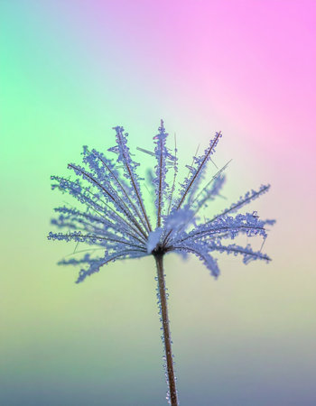 A delicate, frost-covered flower stands resilient against a dreamy pastel gradient sky.の素材