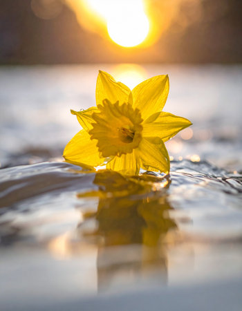 A single yellow daffodil rests gently on a reflective surface, its delicate petals mirrored in the water below.の素材