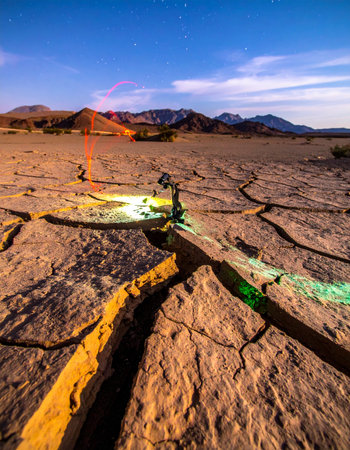 In the quiet expanse of a desert at twilight, a camera on a tripod stands ready.の素材