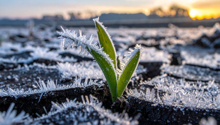 In the quiet chill of a frosty dawn, a single green sprout defies the frozen, cracked earth.の素材