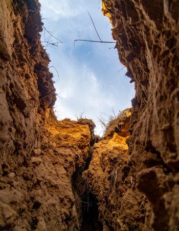 A low-angle view from deep within a narrow earthen fissure. The rough, textured walls of soil and clay rise steeply on either side, catching the warm sunlight at their peaks.の素材