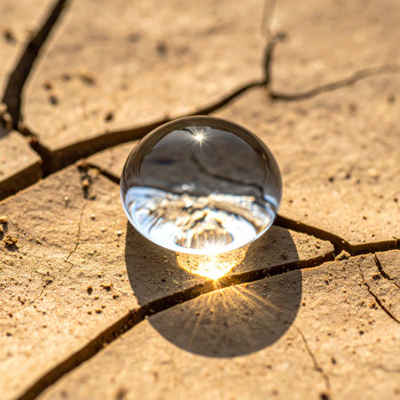 A single, perfect crystal ball rests on the parched, cracked surface of the earth.の素材