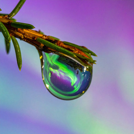 A single, perfect water droplet clings to a pine needle, capturing a universe within its tiny sphere.の素材
