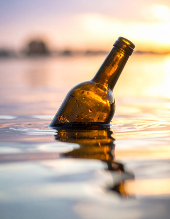 A lone glass bottle bobs gently in the tranquil waters as the sun sets, casting a warm, golden glow.の素材