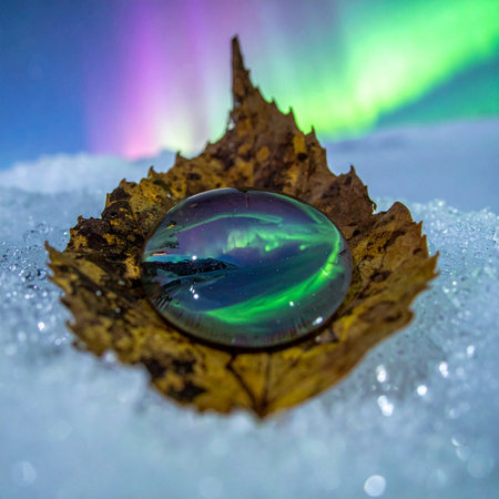 In the quiet of a frozen landscape, a single autumn leaf cradles a polished gem.の素材