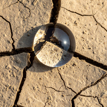 A single, clear sphere, like a precious drop of water, rests on the sun-baked, cracked earth.の素材