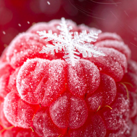 A macro view captures the enchanting moment a delicate snowflake rests upon a frost-kissed raspberry.の素材