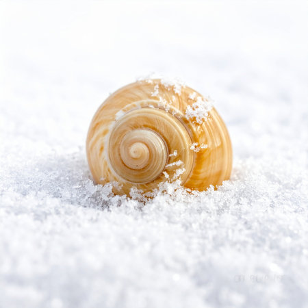 A delicate, spiral seashell, a relic of a warm shore, finds itself resting in a pristine bed of cold, white snow.の素材
