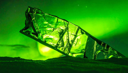 A shard of ancient ice glows with an otherworldly light as the vibrant green curtains of the Aurora Borealis dance across the arctic night sky.の素材