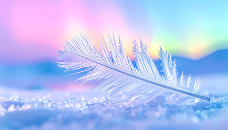 A single, delicate white feather rests gently upon a soft, cloud-like surface, bathed in the ethereal glow of a pastel-colored sky.の素材