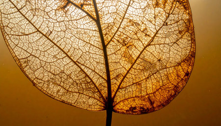 Golden light filters through the delicate, lace-like structure of a decaying autumn leaf, revealing the intricate network of veins within.の素材