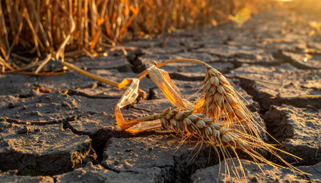 As the sun sets in a warm, golden glow, a single stalk of wheat lies broken on the parched, cracked earth.の素材