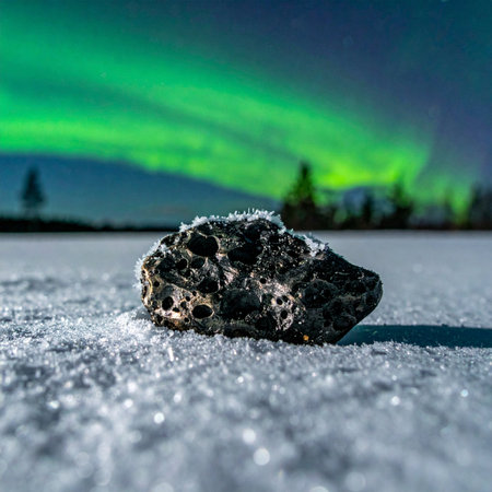 A rare meteorite, a traveler from the depths of space, rests on a pristine bed of snow and ice.の素材
