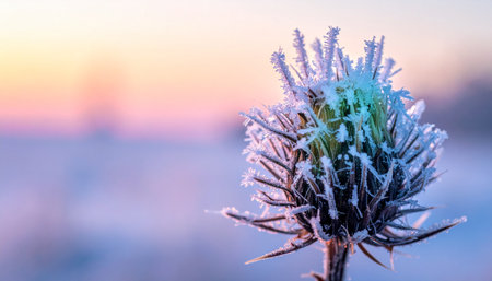 A lone thistle, adorned with delicate ice crystals, catches the first warm rays of a pastel winter sunrise.の素材