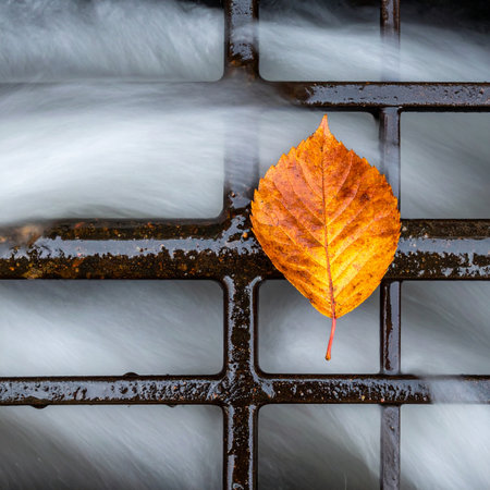 A single, vibrant autumn leaf finds a moment of rest on a cold, wet city grate, a stark contrast to the rushing water below.の素材