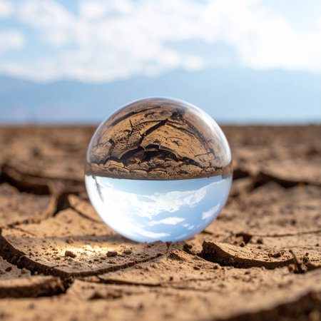 A crystal ball rests on the parched, cracked earth of a desolate landscape, offering a stark contrast and a vision of hope.の素材