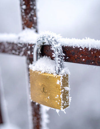 A brass padlock, a symbol of a forgotten promise, endures the harsh winter.の素材