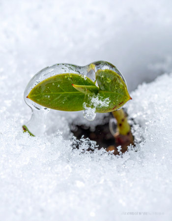 A tiny green sprout, a symbol of life and hope, is captured in a delicate shell of ice.の素材