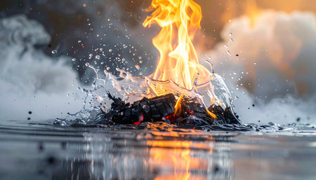 A dramatic and violent clash of elements as a splash of water hits a raging fire, creating an explosive burst of steam and smoke.の素材