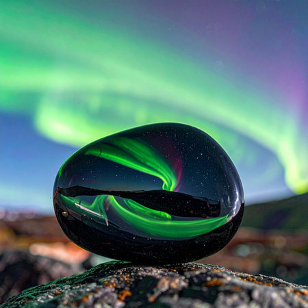 A perfectly polished obsidian stone rests on a mossy rock, capturing the magical dance of the aurora borealis.の素材