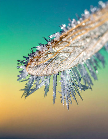 A macro view captures the exquisite and delicate structure of hoarfrost forming sharp ice crystals on a frozen leaf.の素材