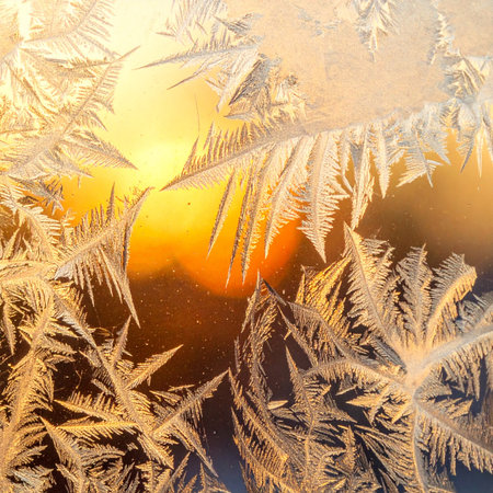 Intricate ice crystals create a delicate, frosty pattern on a cold window pane.の素材