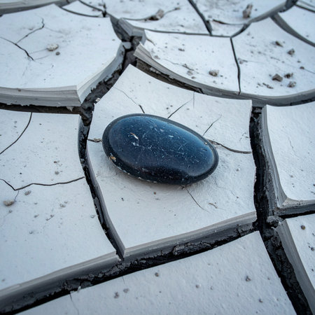 In a quiet moment of natural artistry, a perfectly smooth Zen stone rests on the parched, cracked mud of a dried lakebed, embodying concepts of balance, meditation, and enduring peace.の素材