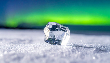 In the heart of a frozen, silent landscape, a flawless ice diamond rests on a bed of crystalline snow.の素材