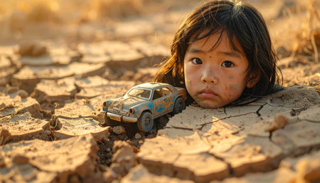 In a world transformed by drought, a young child finds a moment of quiet contemplation beside a forgotten toy.の素材