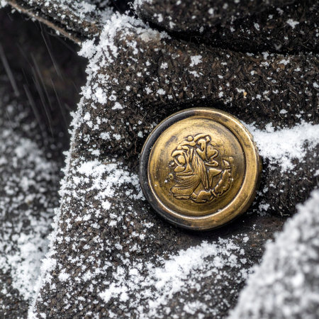 A close-up of an old brass naval button on a dark wool coat, dusted with fresh winter snow.の素材