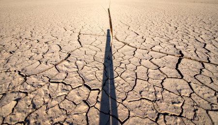As the sun hangs low in the sky, a long, solitary shadow stretches across the parched, cracked floor of a dry lakebed.の素材