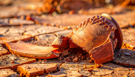 In the warm glow of the late afternoon sun, the fragments of a shattered clay pot lie scattered on the dry, cracked earth.の素材
