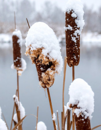 A fresh blanket of white snow gently rests upon brown cattails, signaling the quiet arrival of winter.の素材