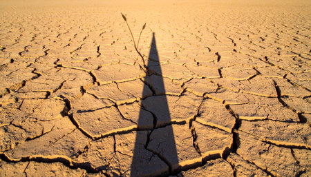 In a vast, sun-scorched desert where the earth is fractured by drought, a single, determined sprout emerges from a deep crack.の素材