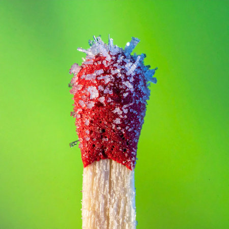 A macro view captures a striking paradox: a matchstick, a symbol of fire and heat, is encased in delicate ice crystals.の素材