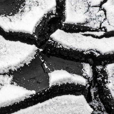A dramatic, high-contrast macro view of a cracked and barren surface.の素材