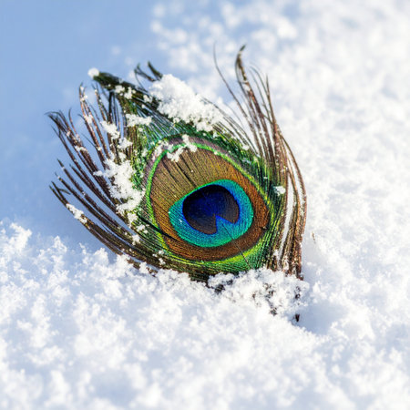 A single, vibrant peacock feather, a symbol of beauty and pride, lies partially buried in a blanket of fresh, cold snow.の素材