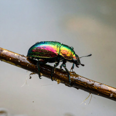 A stunning macro photograph captures a leaf beetle, its exoskeleton shimmering with a brilliant, oil-slick iridescence of rainbow colors.の素材