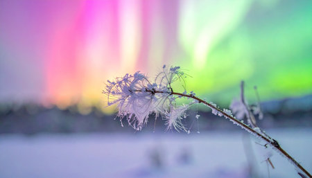 A delicate plant branch, encased in a crystalline layer of ice, stands resilient against the winter cold.の素材