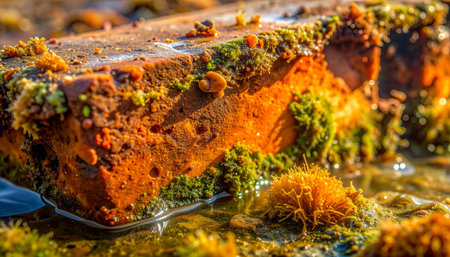 Bathed in warm, golden sunlight, a forgotten relic slowly succumbs to nature's embrace.の素材