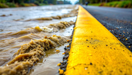 A close-up perspective shows turbulent, muddy floodwater rushing over the yellow line of a paved road.の素材