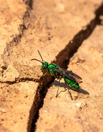 A stunning macro photograph captures the intricate detail of a vibrant emerald cuckoo wasp.の素材