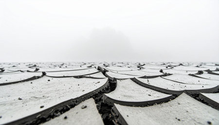 A low-angle view captures the stark beauty of a desolate landscape. Cracked, dry earth, once a lakebed, is now dusted with a thin layer of snow under a thick, white fog.の素材