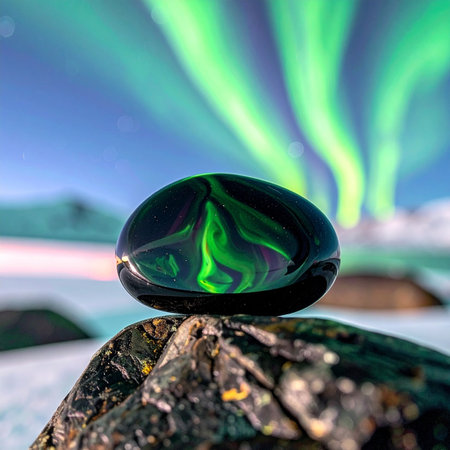 A polished, dark gemstone rests on a rugged rock in a vast, snowy landscape, perfectly capturing the ethereal dance of the aurora borealis.の素材