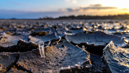 A low-angle view captures the intricate patterns of a dry, cracked lakebed as the last light of sunset glows on the horizon.の素材