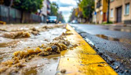 A low-angle, close-up view captures the messy aftermath of a severe downpour.の素材