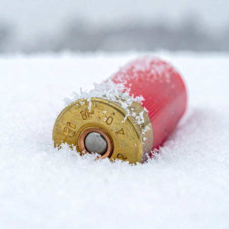 A single red shotgun shell lies discarded in the pristine white snow, a stark and colorful remnant of a recent hunt or a story left untold.の素材