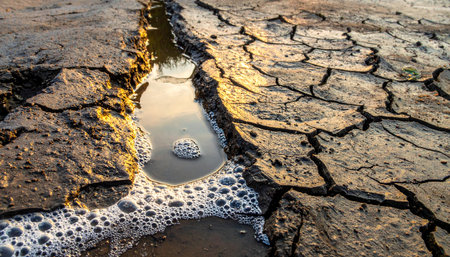 In a vast expanse of sun-scorched, cracked earth, a single, precious puddle remains.の素材