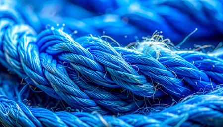 A detailed macro shot captures the intricate weave of a vibrant blue synthetic rope.の素材