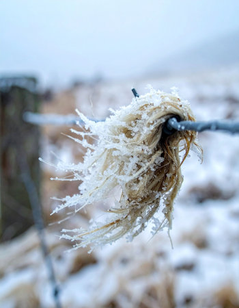 A close-up detail of sheep's wool caught on a barbed wire fence, completely encased in sharp ice crystals.の素材